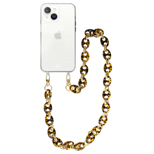 xoxo Wildhearts - iPhone 14 - Marble Brown Transparant Cord Case - Long Cord