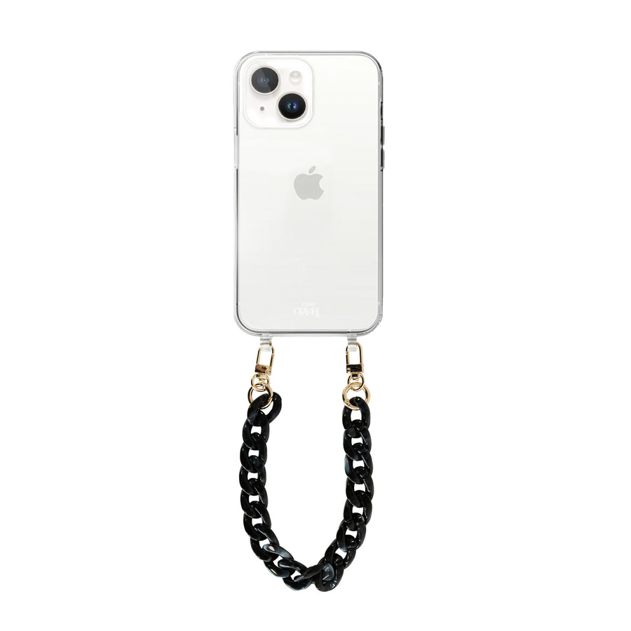 xoxo Wildhearts - iPhone 13 Mini - Marble Black Transparant Cord Case - Short Cord
