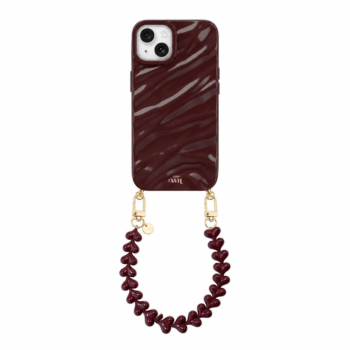 Burgundy Glaze Cord Case - Funky Hearts - iPhone 15