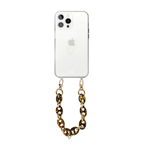 xoxo Wildhearts - iPhone 14 Pro - Marble Brown Transparant Cord Case - Short Cord