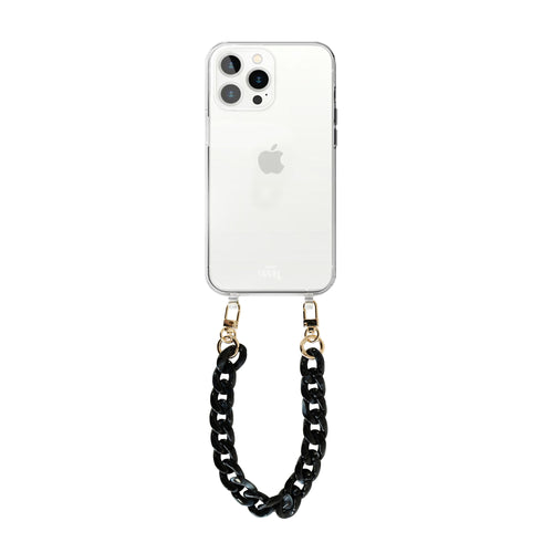 xoxo Wildhearts - iPhone 14 Pro - Marble Black Transparant Cord Case - Short Cord