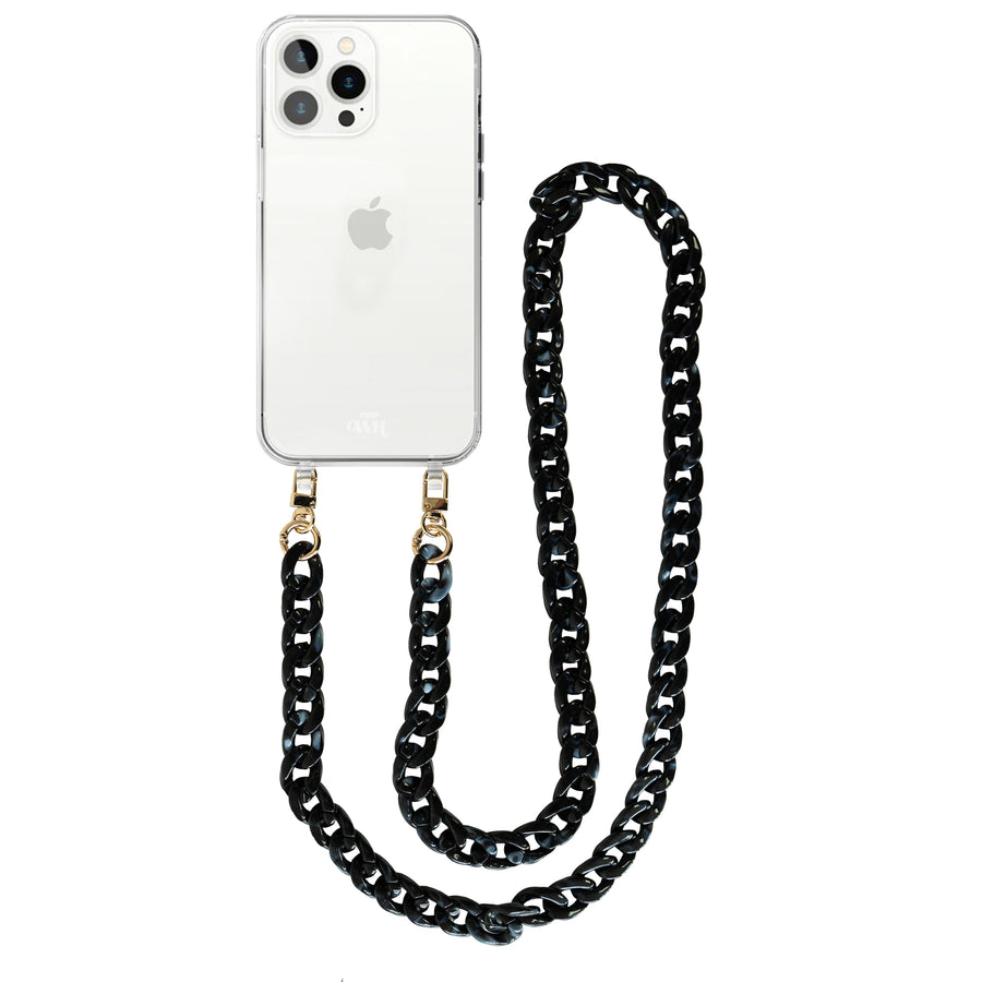 xoxo Wildhearts - iPhone 14 Pro Max - Marble Black Transparant Cord Case - Long Cord