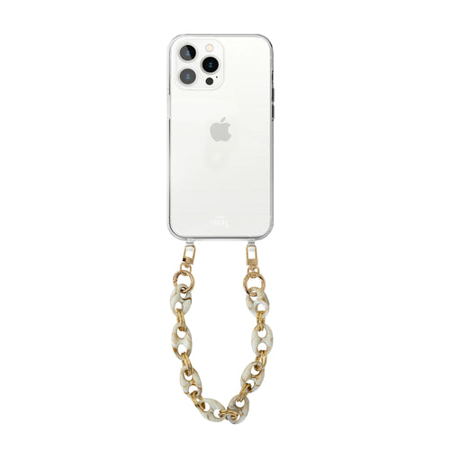 xoxo Wildhearts - iPhone 13 Pro - Marble Creme Transparant Cord Case - Short Cord