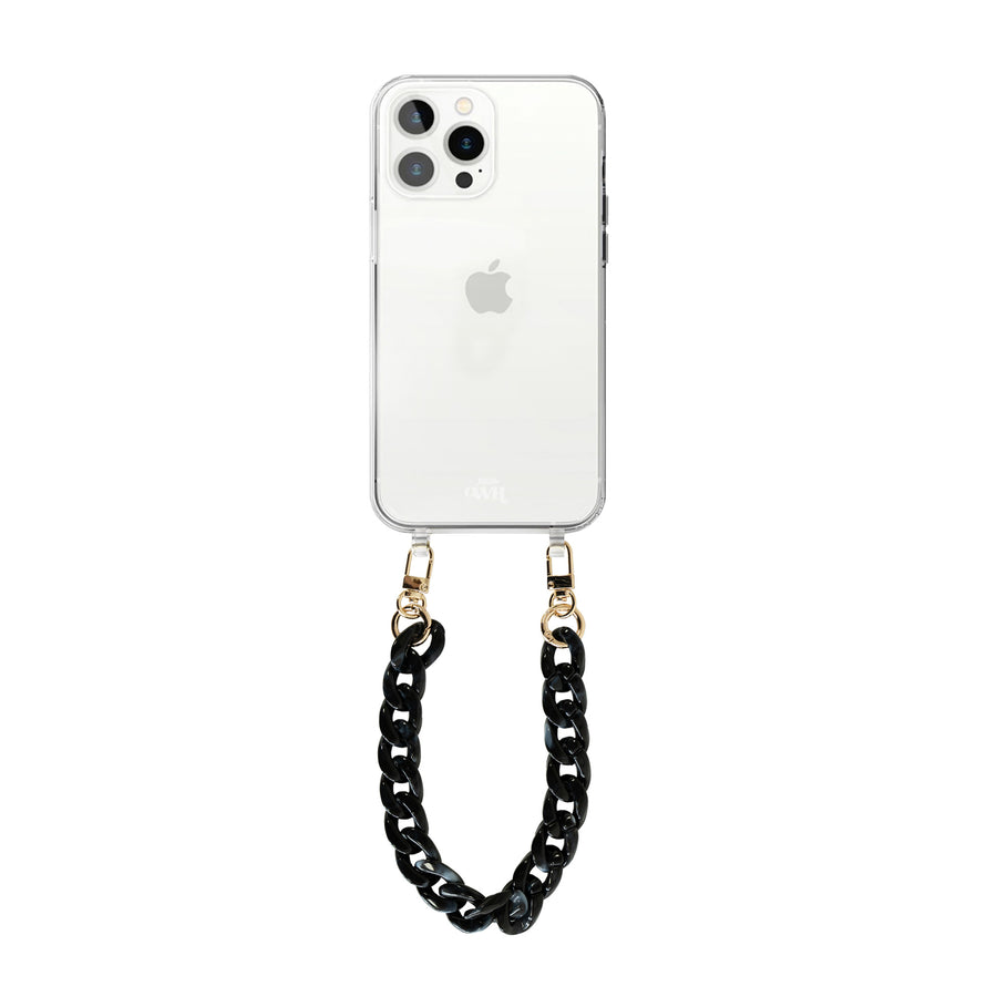 xoxo Wildhearts - iPhone 13 Pro Max - Marble Black Transparant Cord Case - Short Cord