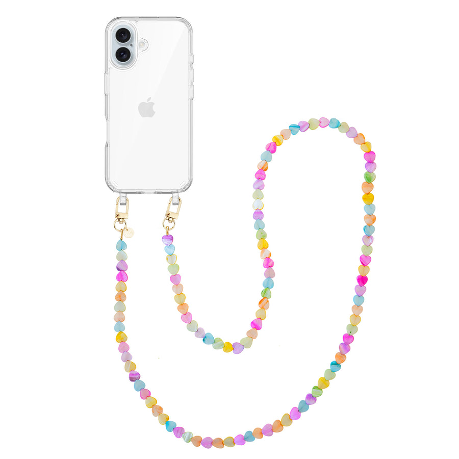 iPhone 16 Plus - Shell Hearts (Rainbow) Transparant Cord Case - Long cord