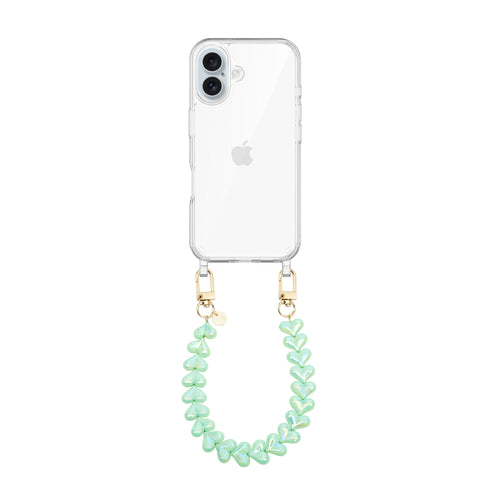 xoxo Wildhearts iPhone 16 Plus - Funky Hearts (Green Metallic) Transparant Cord Case