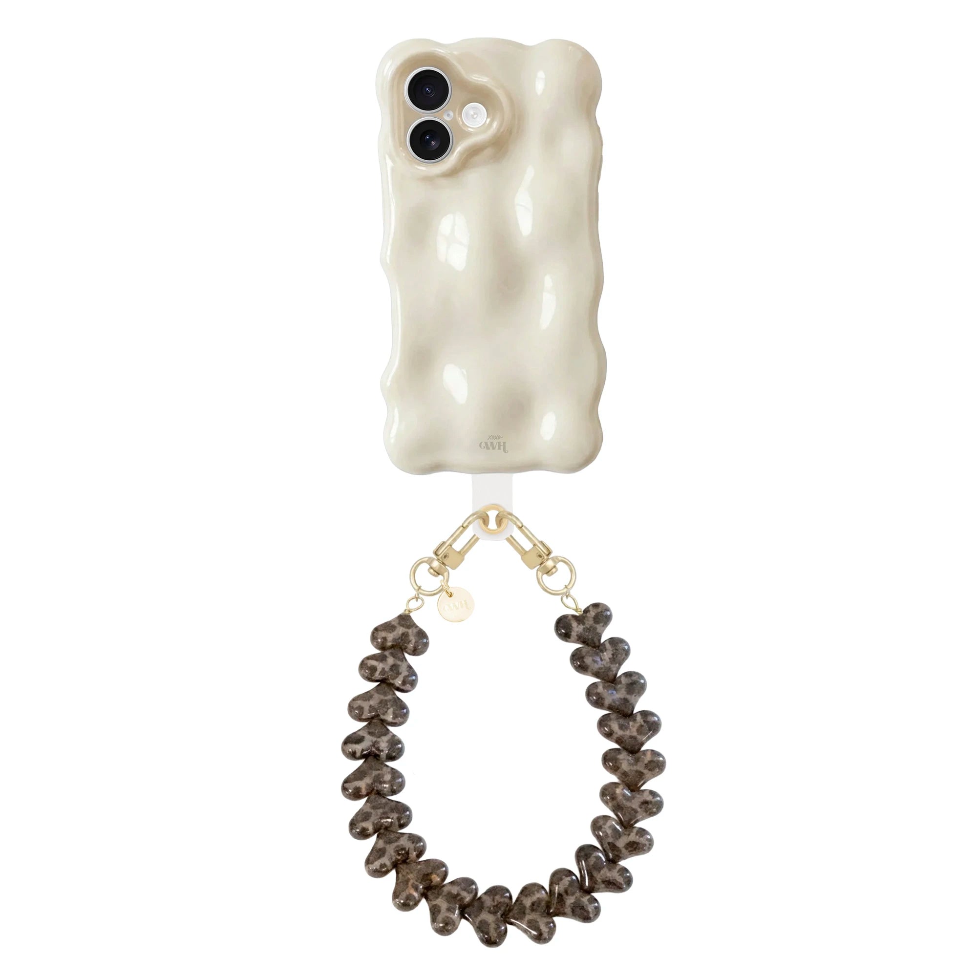 Crèmekleurige Bubbly iPhone 16 case met golvende vorm en Funky Hearts Leopard koord.