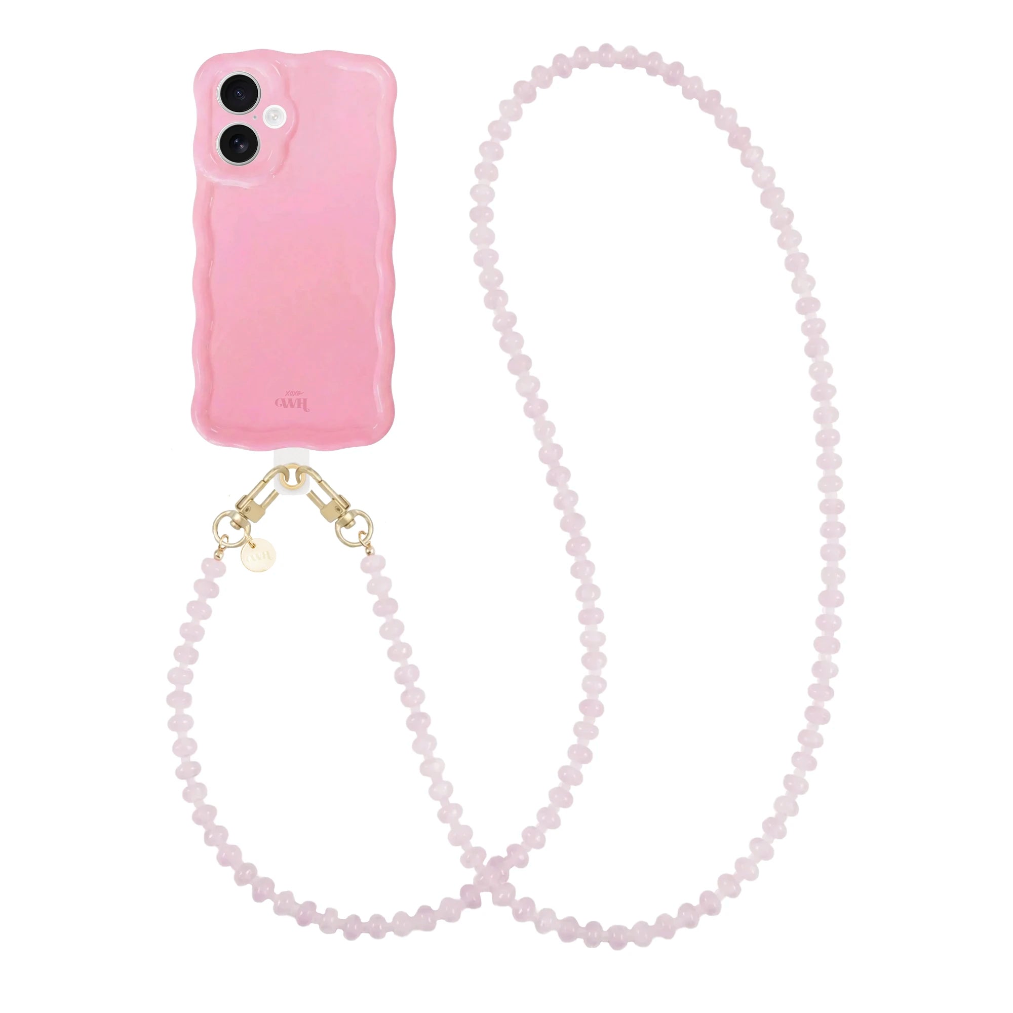 Glossy wavy bubble blush iPhone 16 case with long dusty pink beaded cord and gold hardware.