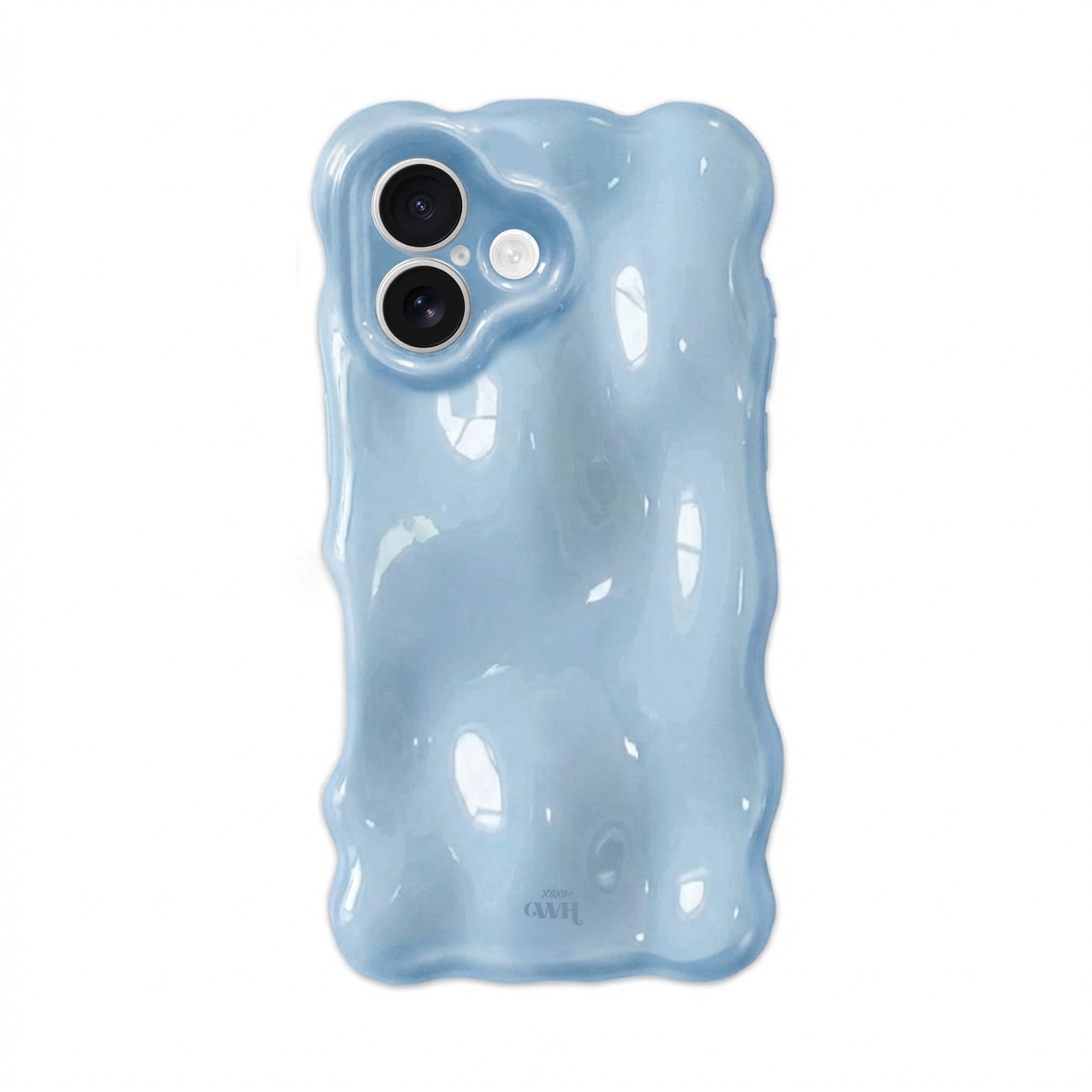 Glanzend Ice Blue Bubbly iPhone 17 hoesje van hard kunststof met golvend design en cameraprotectie.