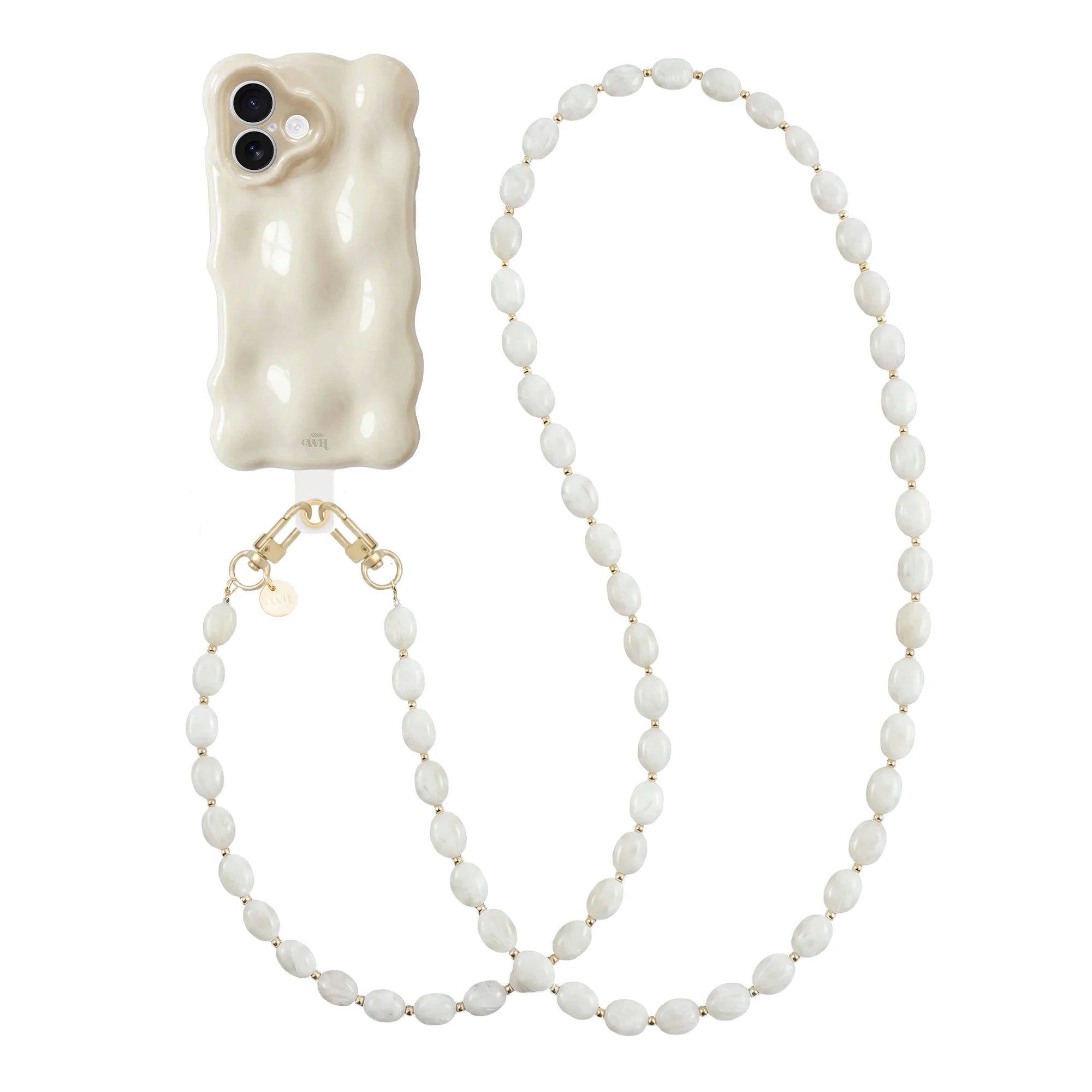 Crèmekleurige Bubbly iPhone 16 hoes met golvende vorm en lang Ocean Sand koord met witte kralen.