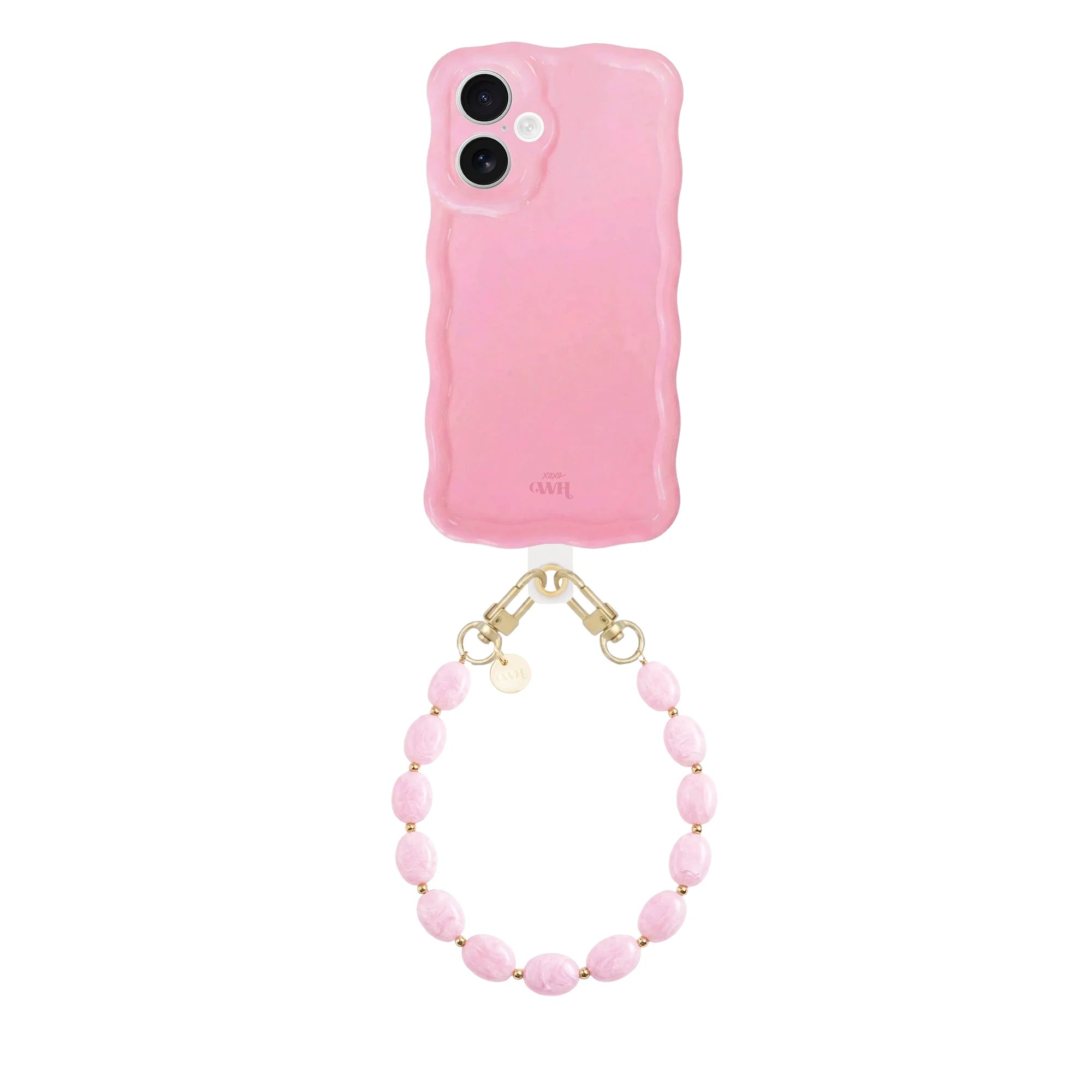 Glossy wavy light pink iPhone 16 case with a short Ocean cord of pink beads.