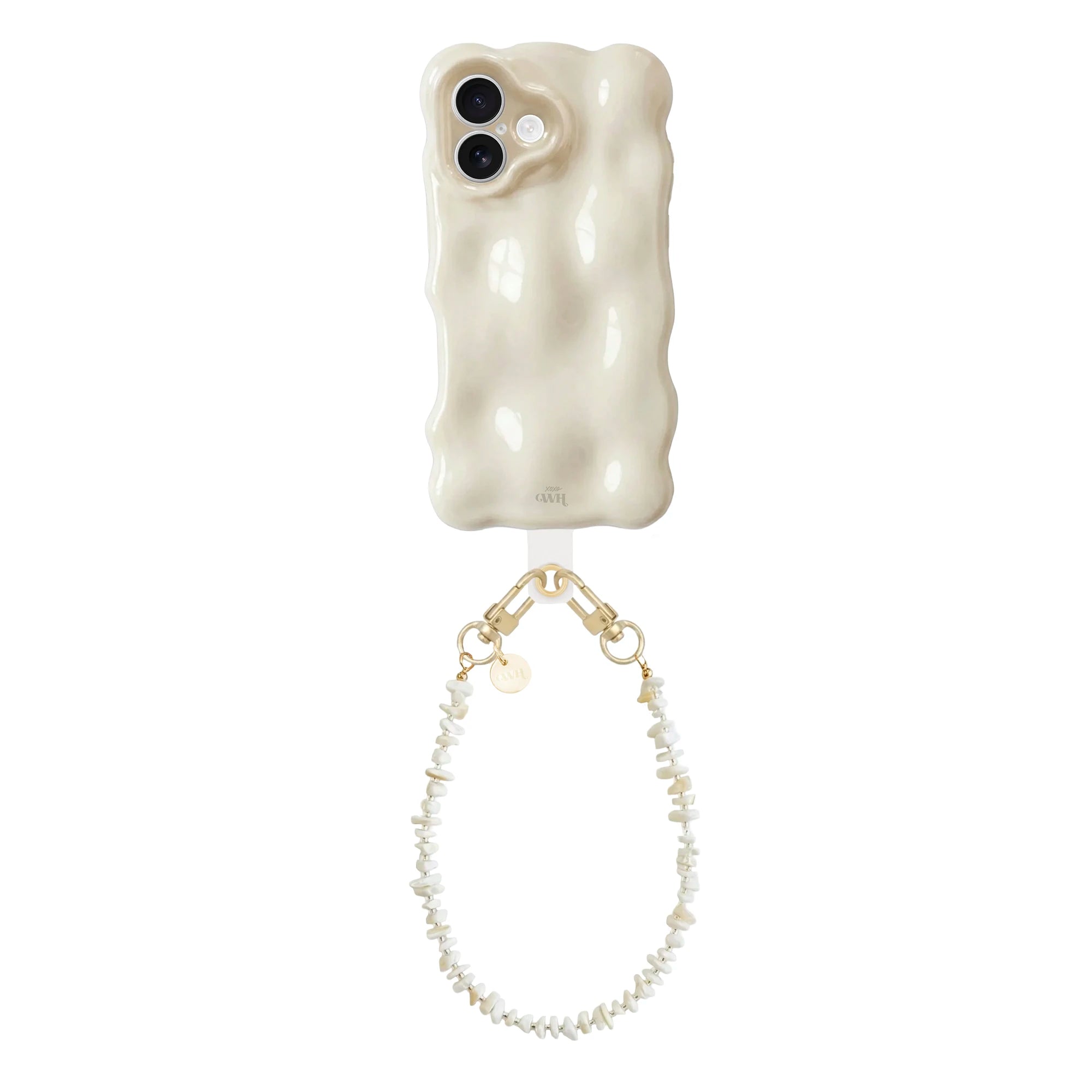 Crèmekleurige Bubbly iPhone 16 case met golvende vorm en kort Summer Sand koord van schelpjes.