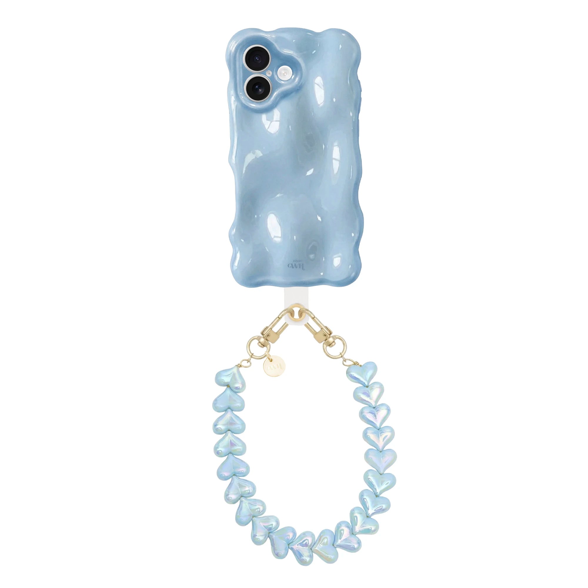 Bubbly Ice Blue iPhone 16 hoesje met golvende vorm en Funky Hearts koord.