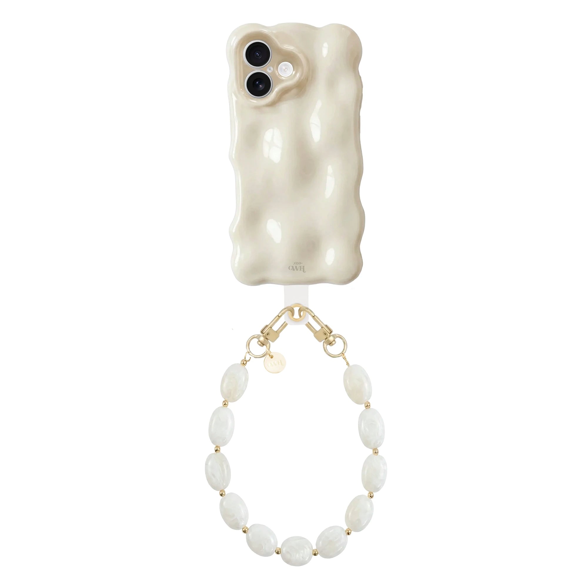 Crèmekleurige Bubbly iPhone 16 case met golvende vorm en kort Ocean Sand koord met parelachtige kralen.