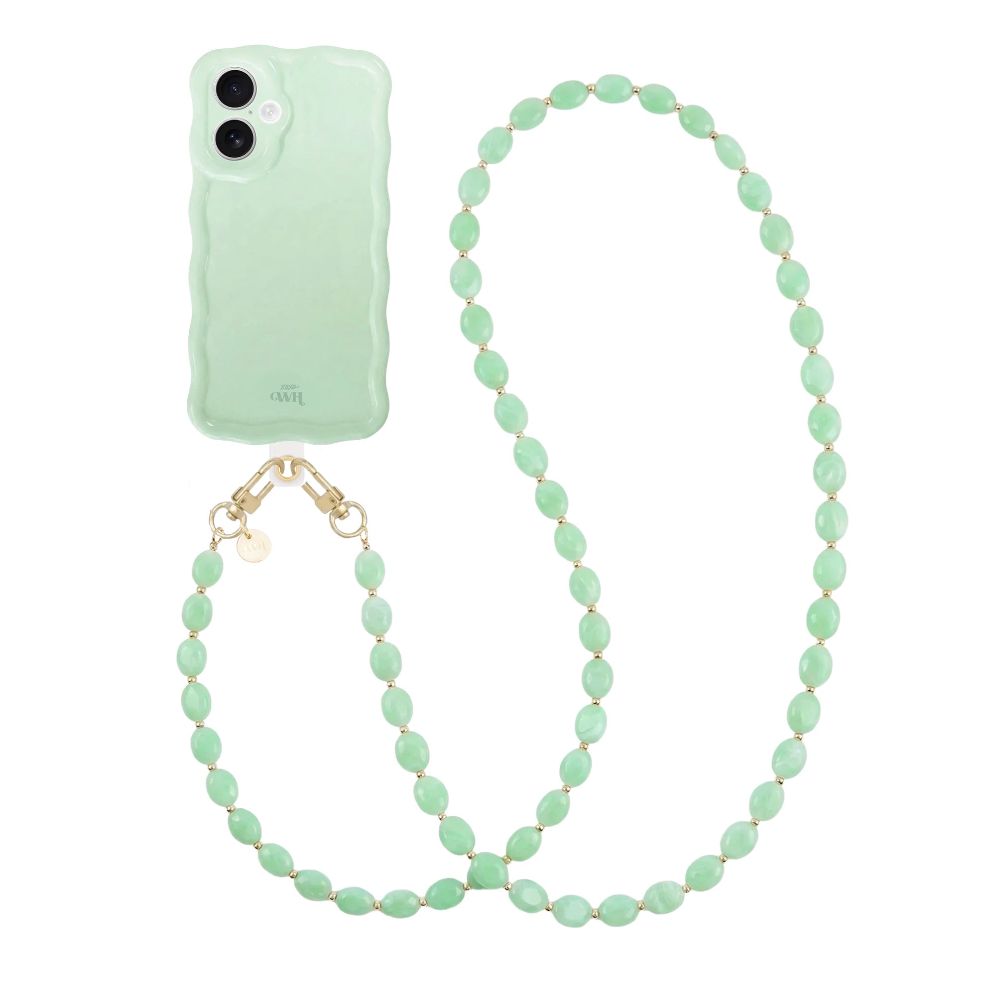 Glanzend saliegroen iPhone hoesje met golvend design en lang Ocean Mint kralenkoord.