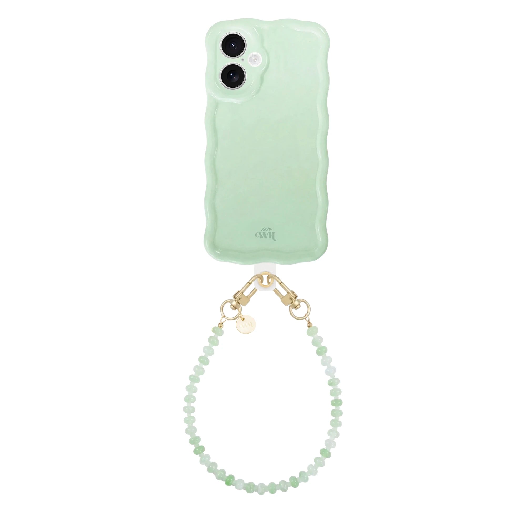 Glanzend saliegroen iPhone 16 hoesje met golvend design en kort Dusty Green kralenkoord.