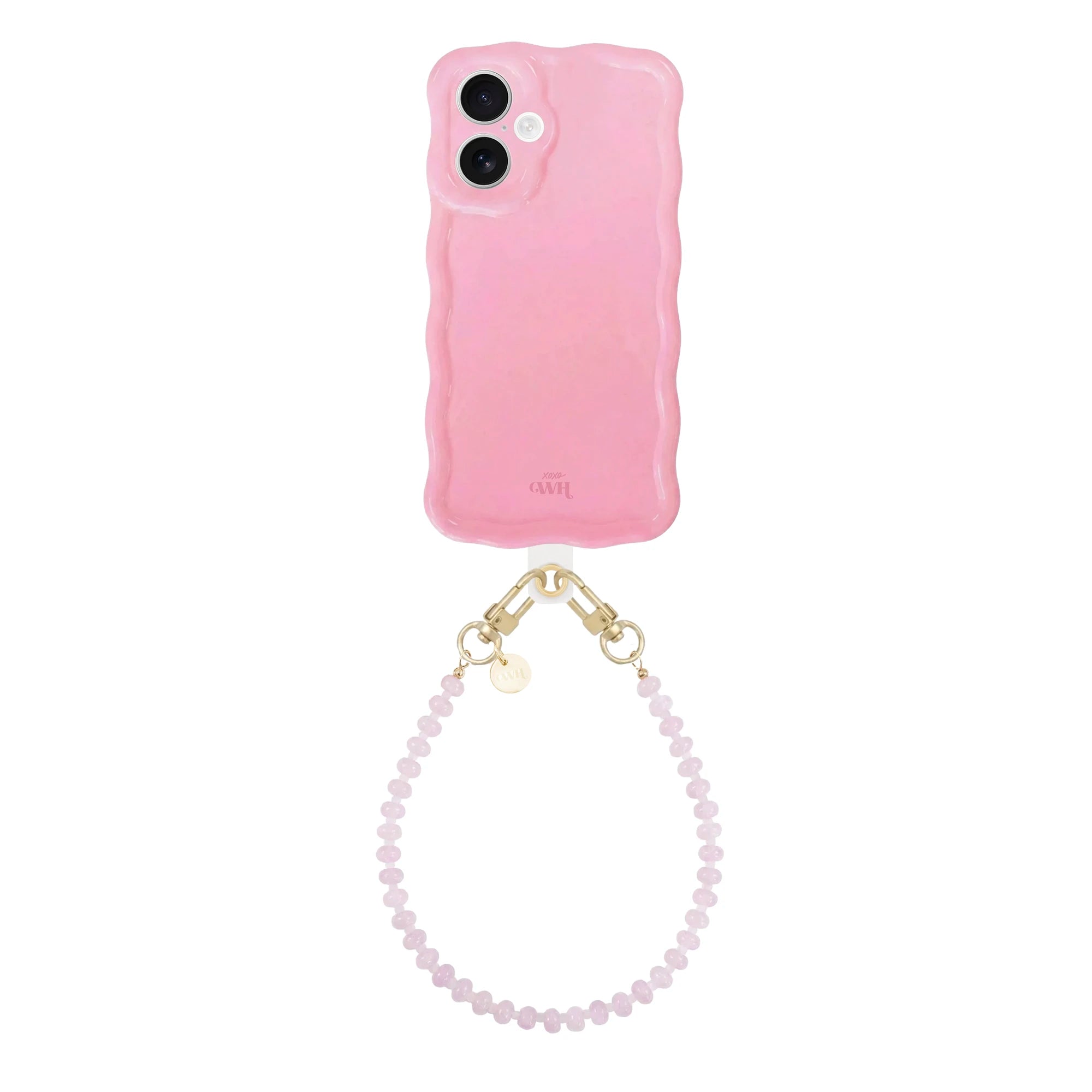 Glossy wavy light pink iPhone 16 case with a short dusty pink beaded wrist cord.