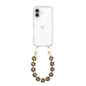 Transparante iPhone 16 hoes met kort Leopard Flowers koord, gouden haken en bloemvormige kralen.