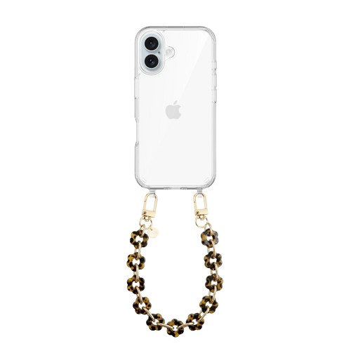 Transparante iPhone 16 hoes met kort Leopard Flowers koord, gouden haken en bloemvormige kralen.