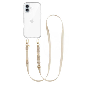 Transparant iPhone 16 hoesje met beige verstelbare lanyard strap en gouden hardware.