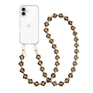 Transparant iPhone 16 hoesje met afneembaar lang koord van luipaardprint bloemkralen en gouden haken.
