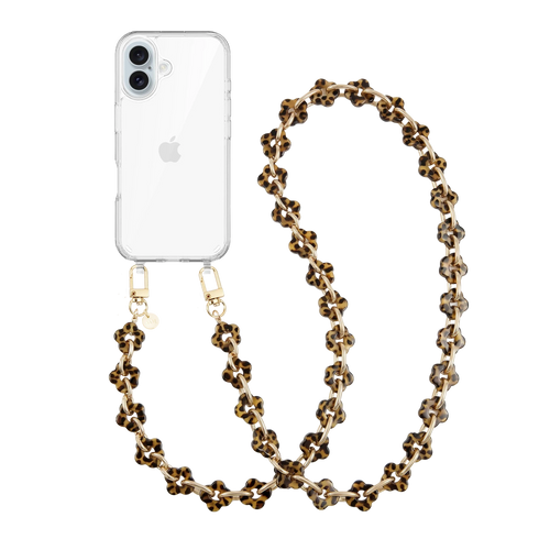 Transparant iPhone 16 hoesje met afneembaar lang koord van luipaardprint bloemkralen en gouden haken.