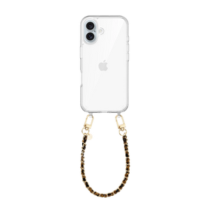 Transparant iPhone 16 hoesje met korte Classic Chain Leopard luipaardprint koord en gouden details.