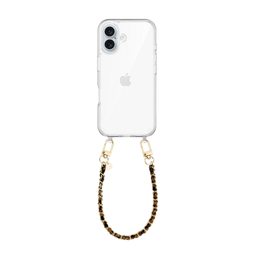 Transparant iPhone 16 hoesje met korte Classic Chain Leopard luipaardprint koord en gouden details.