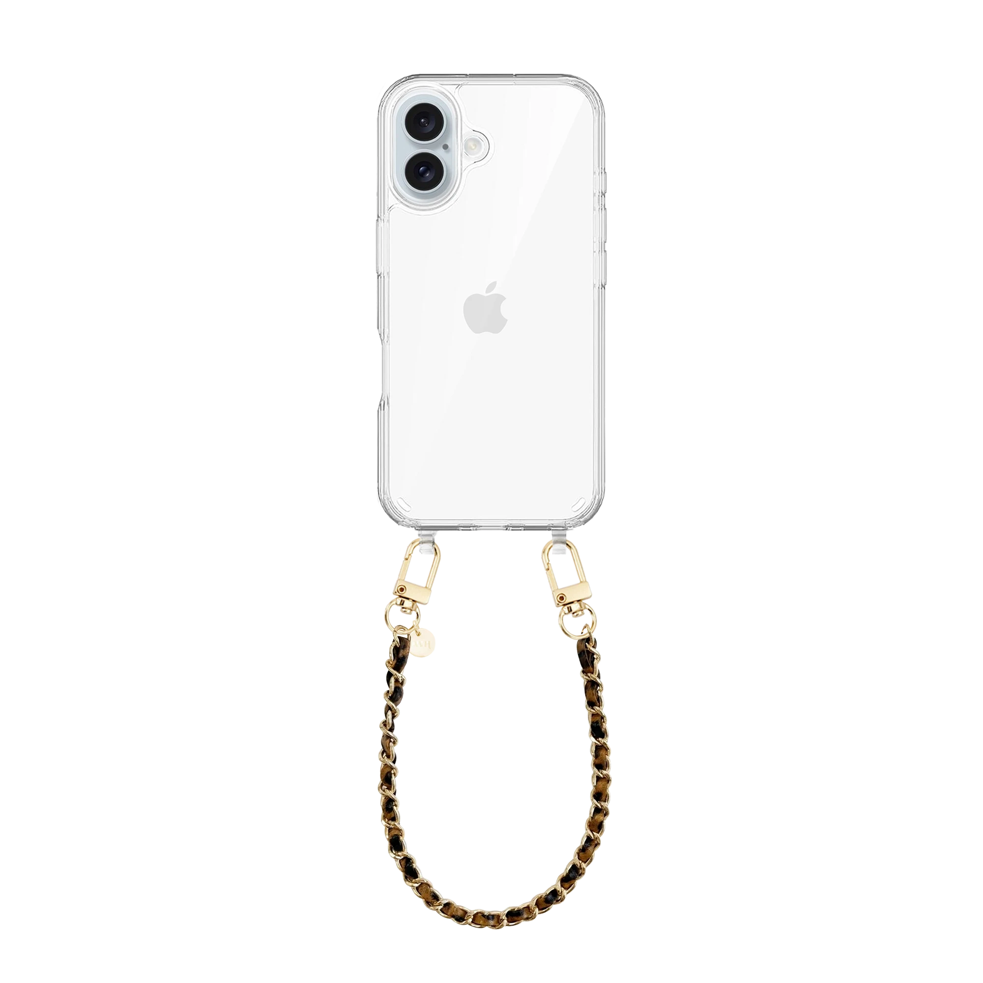 Transparant iPhone 16 hoesje met korte Classic Chain Leopard luipaardprint koord en gouden details.