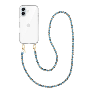 iPhone 16 transparant hoesje met lange Classic Chain Denim koord en gouden details.