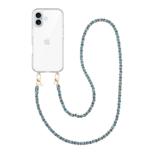 iPhone 16 transparant hoesje met lange Classic Chain Denim koord en gouden details.