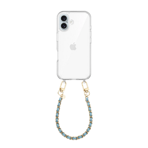 iPhone 16 transparant hoesje met korte Classic Chain Denim koord en gouden details.