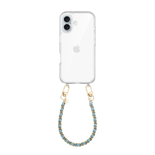 iPhone 16 transparant hoesje met korte Classic Chain Denim koord en gouden details.