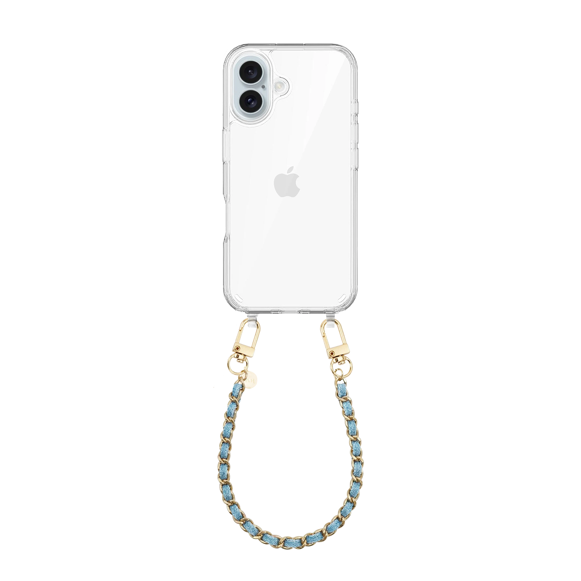 iPhone 16 transparant hoesje met korte Classic Chain Denim koord en gouden details.