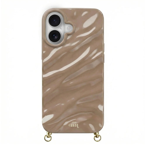 Taupe Glaze Cord Case with a glossy, swirled finish and gold hardware for a phone.