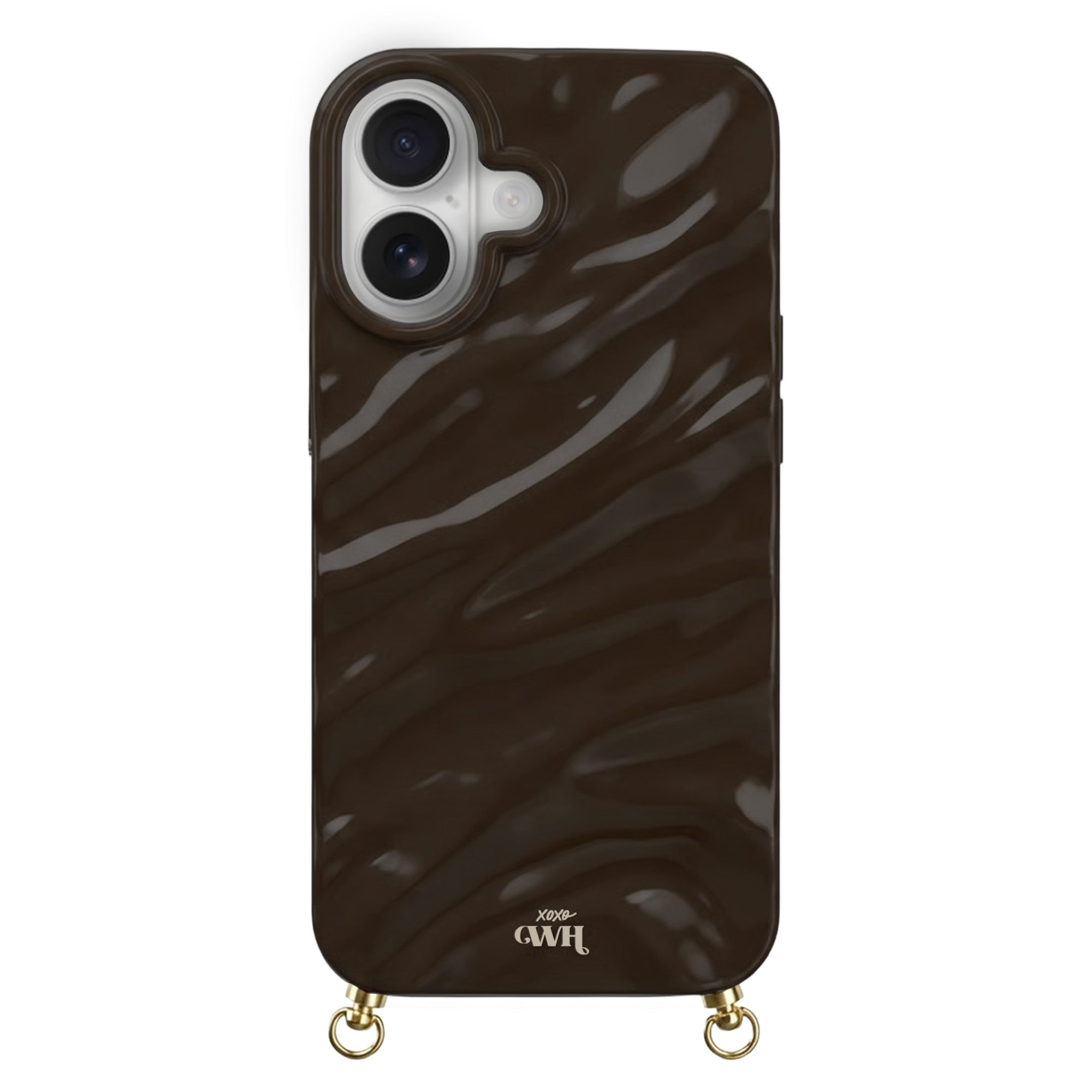Brown Glaze Cord Case for iPhone with wavy texture and gold hardware.