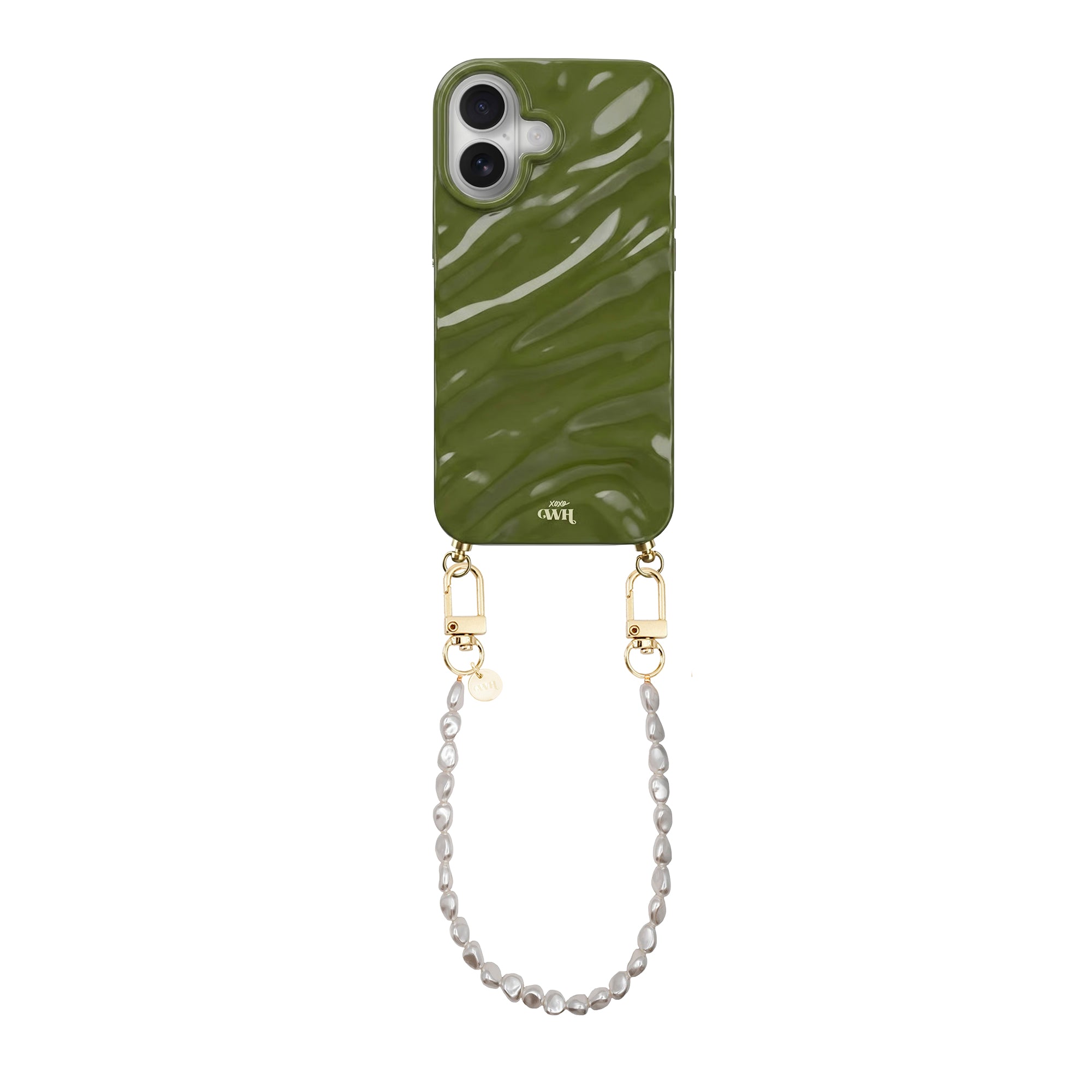 Groen glanzend iPhone hoesje met golvend design en kort parelkoord met gouden sluitingen.