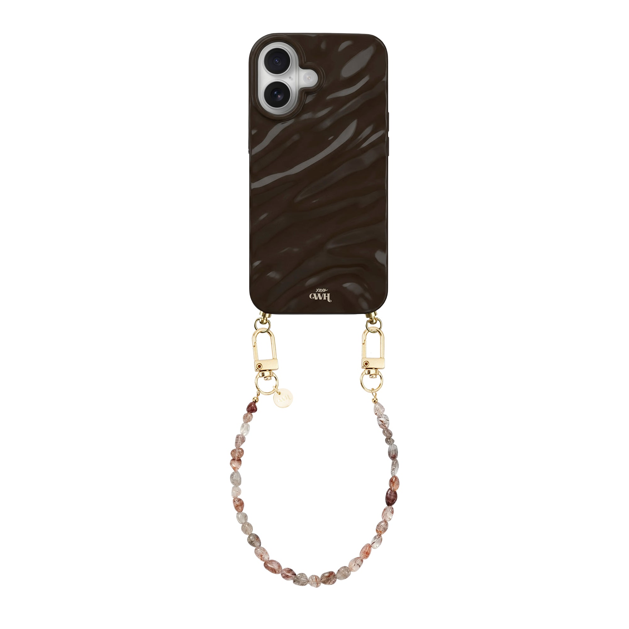 Glanzende bruine iPhone 17 hoes met golvend design en kort Soft Taupe kralenkoord met gouden haakjes.