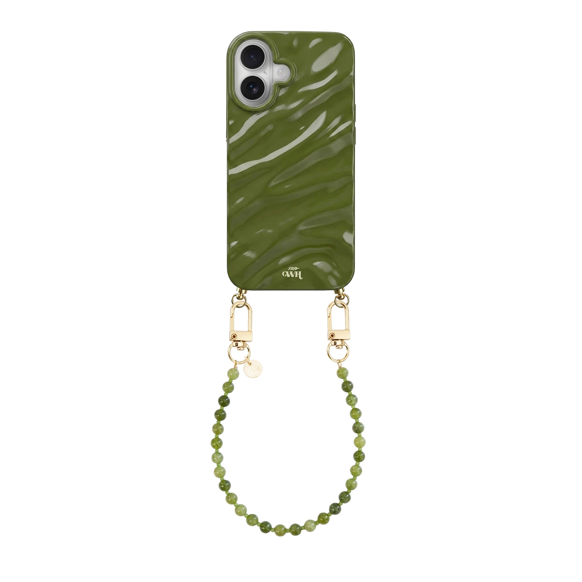 Glanzende donkergroene iPhone 16 Glaze Cord Case met kort Deep Olives kralenkoord en gouden haakjes.