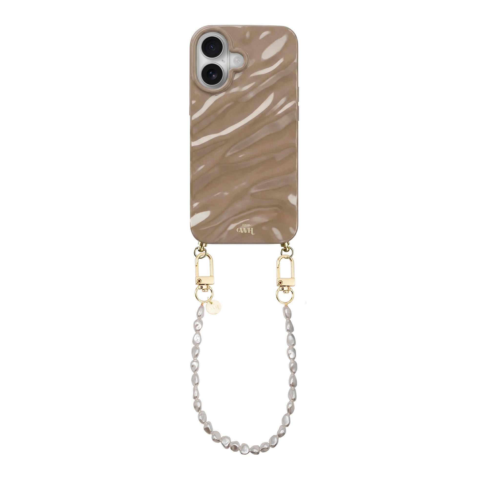 Taupe Glaze iPhone 16 case with wavy design, gold hardware, and a short Pearlfection pearl cord.