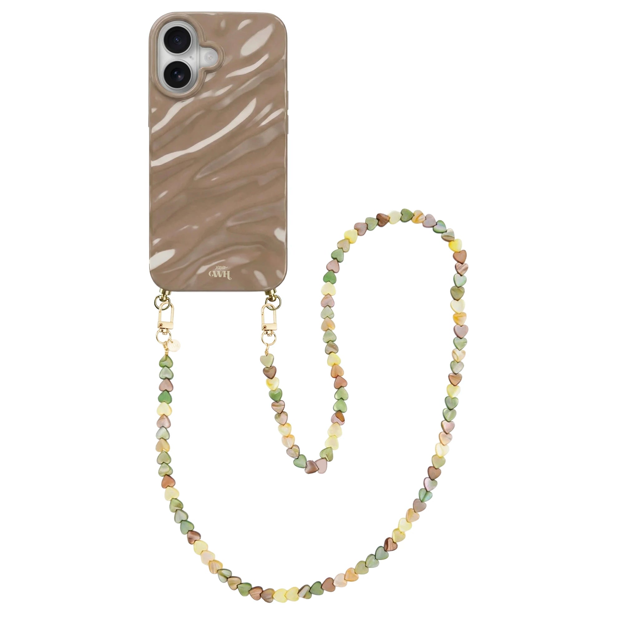 Taupe Glaze Cord Case - Shell Hearts Olives (long) - iPhone 16
