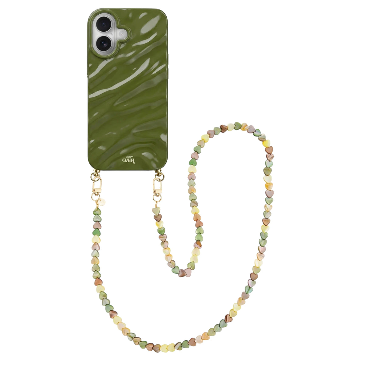 Green Glaze Cord Case - Shell Hearts Olives (long) - iPhone 16