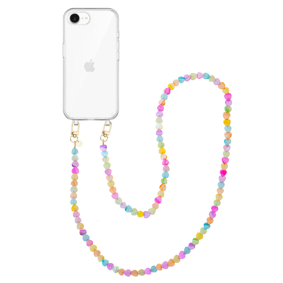 iPhone 16e - Shell Hearts (Rainbow) Transparant Cord Case - Long cord