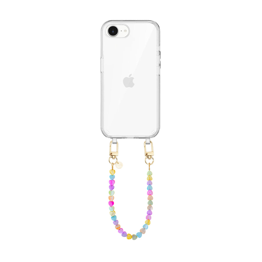 iPhone 16e - Shell Hearts (Rainbow) Transparant Cord Case - Short cord