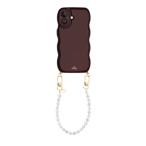 Glossy Wavy Cord Case Burgundy - Shell Hearts - Beige (short) - iPhone 16 Plus