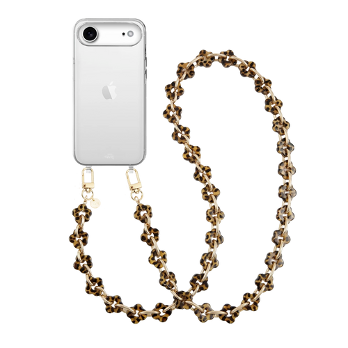 Transparant iPhone 17 Air hoesje met lang Leopard Flowers koord van bloemvormige kralen en gouden haken.