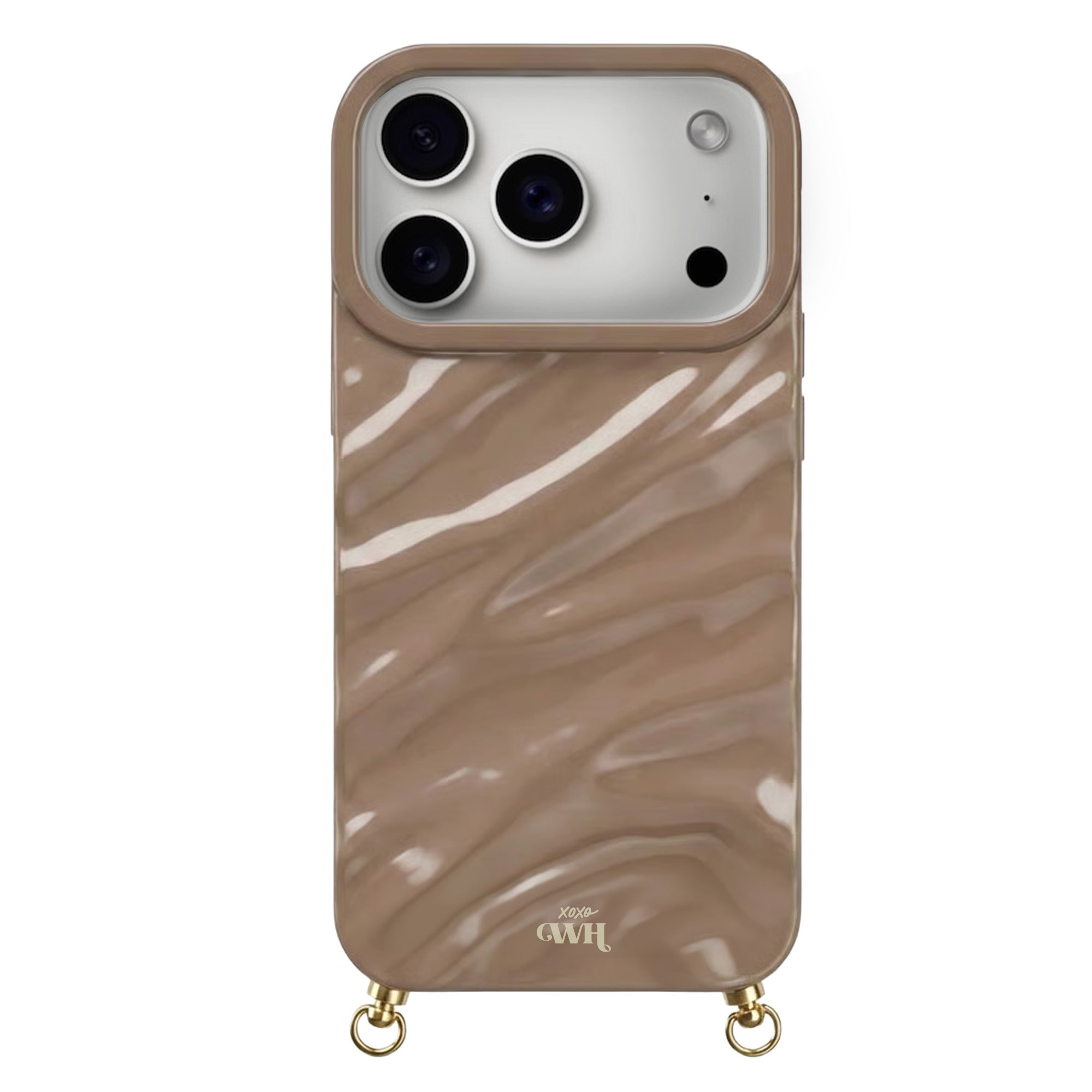 Taupe Glaze Cord Case for iPhone, featuring a glossy, swirled finish and gold-tone rings for a cord.