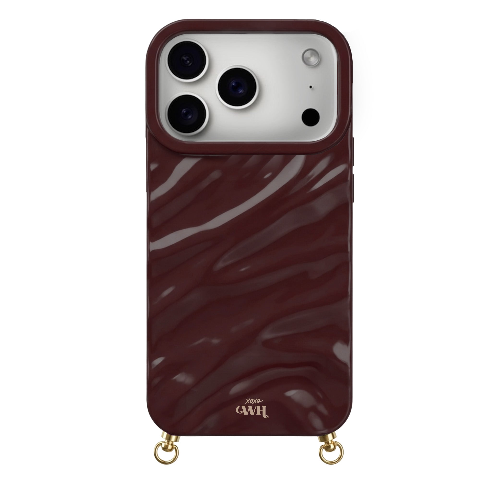 Burgundy Glaze Cord Case for iPhone with wavy texture, gold hardware, and "Xoxo GWH" branding.