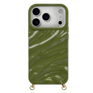 Glossy green Glaze Cord Case for iPhone, featuring a wavy texture and gold rings for a strap.