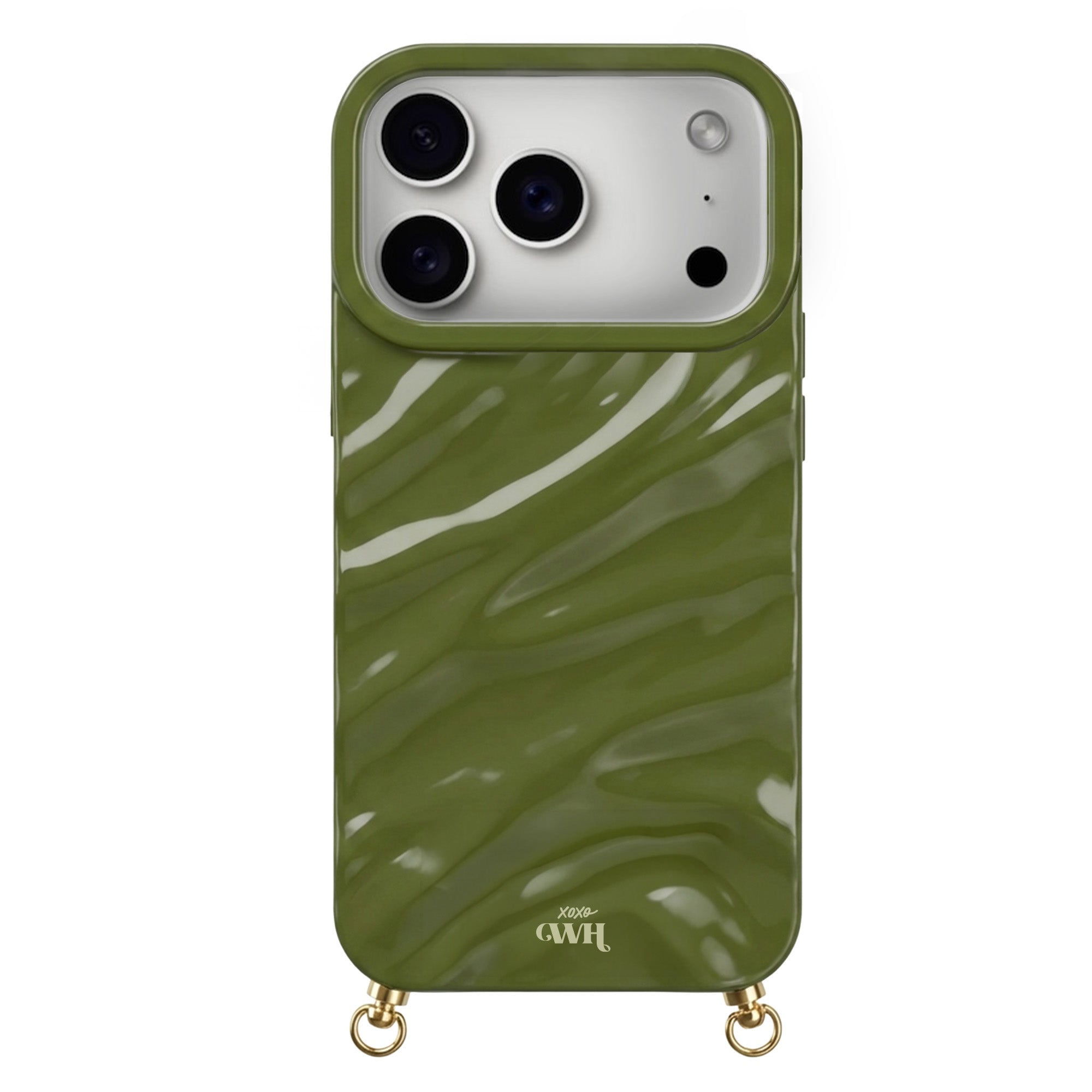 Glossy green Glaze Cord Case for iPhone, featuring a wavy texture and gold rings for a strap.